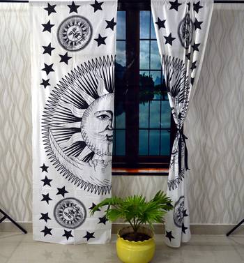 Burning sun black and white curtain gyspy hippie bohemian handmade include 2 panel set twin tapestry, drapes & valances 3