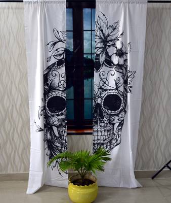 Indian mandala curtain hippie bohemian handmade black and white skull curtains, include 2 panel set twin tapestry 2