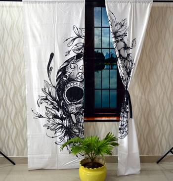Indian mandala curtain hippie bohemian handmade black and white skull curtains, include 2 panel set twin tapestry 3