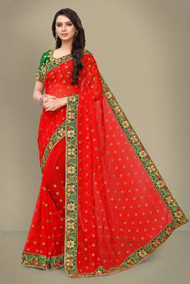 Red embroidered georgette saree with blouse 1
