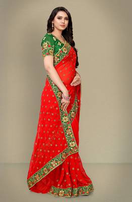 Red embroidered georgette saree with blouse 2