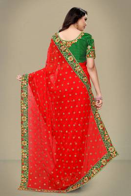 Red embroidered georgette saree with blouse 3