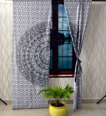 Black & white mandala curtain gypsy hippie bohemian handmade include 2 panel set twin tapestry, drapes & valances 4
