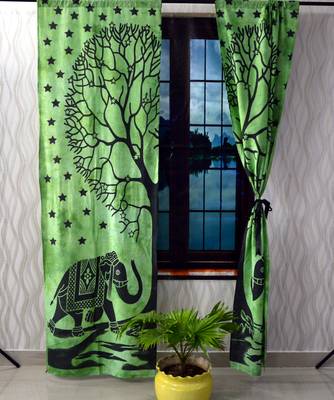 Indian green elephant tree of life curtain gypsy bohemian handmade include 2 panel set twin tapestry, drapes & valances 3