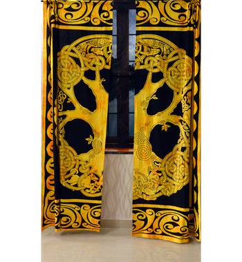 Indian mandala yellow curtain hippie bohemian handmade include 2 panel set queen tapestry, drapes & valances 3