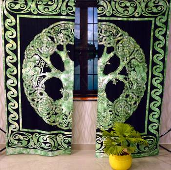 Indian mandala green curtain hippie bohemian handmade include 2 panel set queen tapestry, drapes & valances 1
