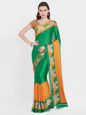 Green printed crepe saree with blouse 1
