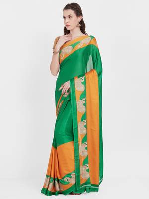 Green printed crepe saree with blouse 2