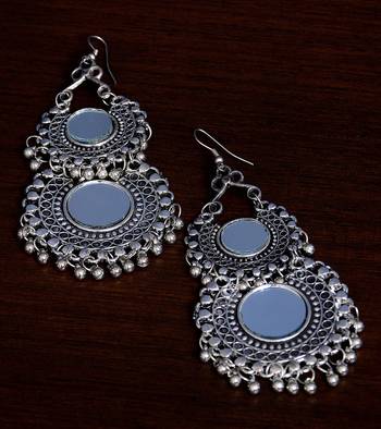 Silver Oxidised Mirror Embellished Double Afghani Chandbali  1