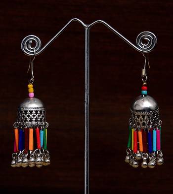 Silver Plated Tribal Afghani Style Jhumka with Coral Beads and Hanging Bells 1