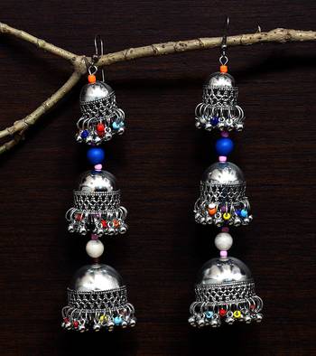 Silver Plated Tribal Afghani Style Three Stages Jhumka with Hanging Bells and Beads 1