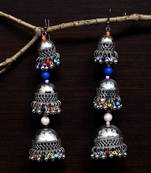 Silver Plated Tribal Afghani Style Three Stages Jhumka with Hanging Bells and Beads