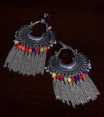 Silver Oxidised Afghani Style Chandbali with Hanging Chains 1