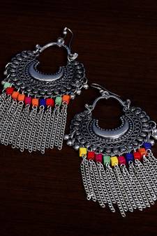 Silver Oxidised Afghani Style Chandbali with Hanging Chains