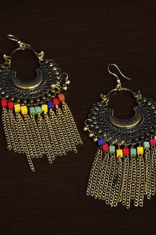 Gold Oxidised Afghani Style Chandbali with Hanging Chains