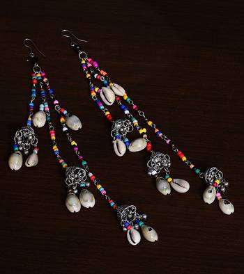 Afghani Silver Oxidised Multi-color Beads, Shells and Dangler Jhumka Style Long Earrings 1