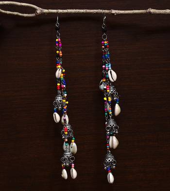 Afghani Silver Oxidised Multi-color Beads, Shells and Dangler Jhumka Style Long Earrings 2