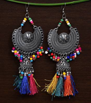 Silver Oxidised Feather Worked Afghani Chandbali with Dangler Jhumka and Beads 1