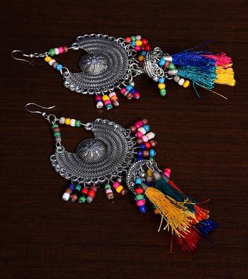 Silver Oxidised Feather Worked Afghani Chandbali with Dangler Jhumka and Beads 2
