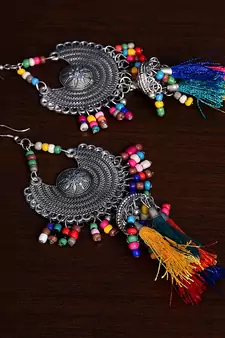 Silver Oxidised Feather Worked Afghani Chandbali with Dangler Jhumka and Beads