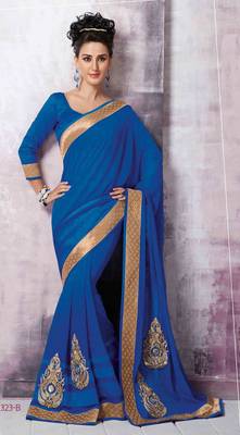 Blue embroidered crepe saree with blouse 1
