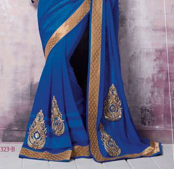 Blue embroidered crepe saree with blouse 2