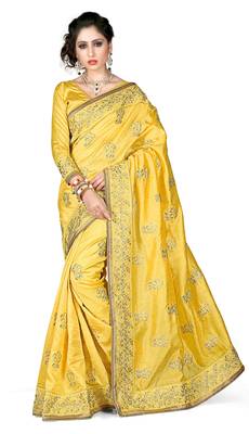 Yellow embroidered dupion silk saree with blouse 1