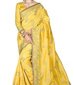 Yellow embroidered dupion silk saree with blouse
