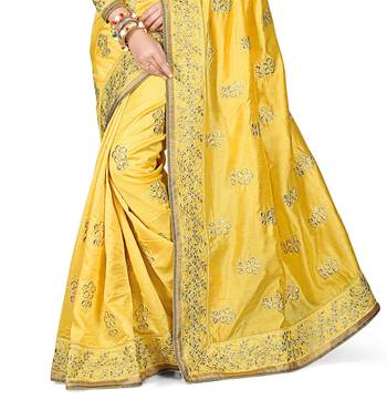 Yellow embroidered dupion silk saree with blouse 2