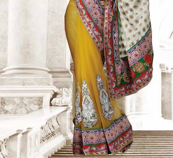 Yellow embroidered net saree with blouse 2