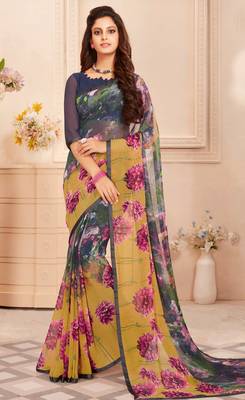 Dark blue printed georgette saree with blouse 1