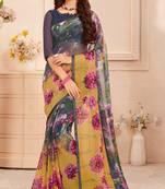 Dark blue printed georgette saree with blouse