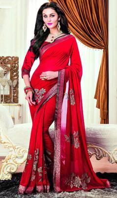 Red woven dupion silk saree with blouse 1