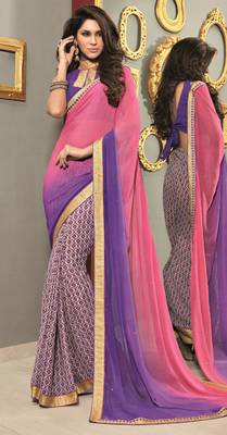 Purple printed crepe saree with blouse 1