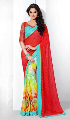 Red printed georgette saree with blouse 1