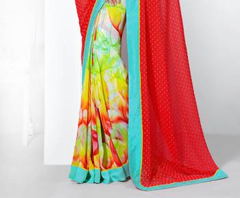 Red printed georgette saree with blouse 2