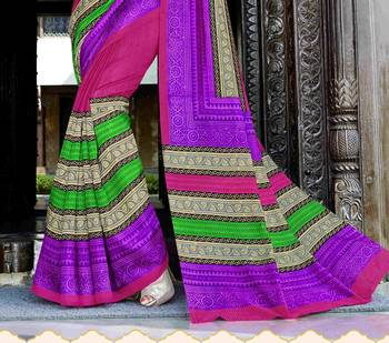Purple printed crepe saree with blouse 2
