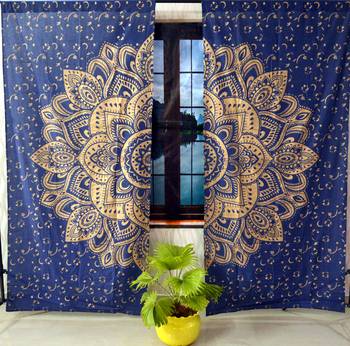 Indian big flower mandala curtain hippie bohemian handmade include 2 panel set blue gold queen tapestry 1