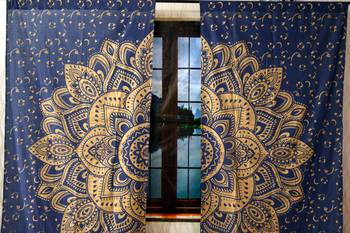 Indian big flower mandala curtain hippie bohemian handmade include 2 panel set blue gold queen tapestry 2