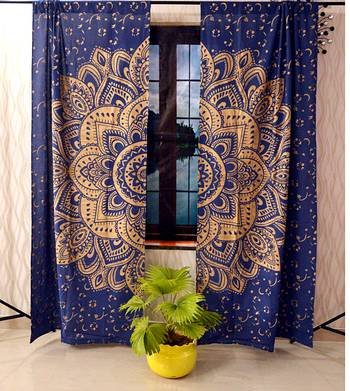 Indian big flower mandala curtain hippie bohemian handmade include 2 panel set blue gold queen tapestry 3