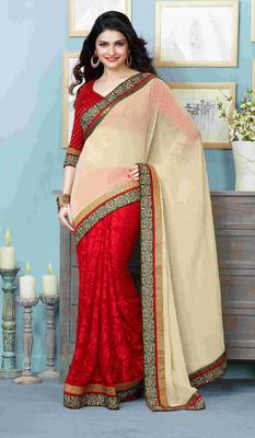 Red embroidered crepe saree with blouse 1
