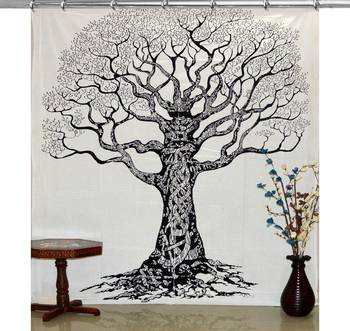 Indian black and white tree of life hook tapestry mandala window curtain valances room divider hook curtains 2