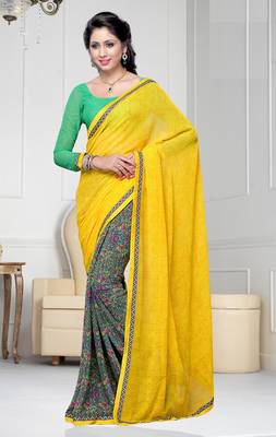 Yellow printed georgette saree with blouse 1