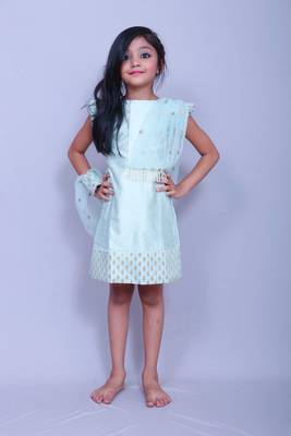 Green plain cotton silk kids-frocks 1