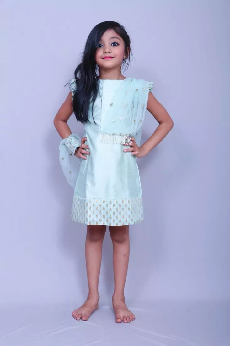 Green plain cotton silk kids-frocks