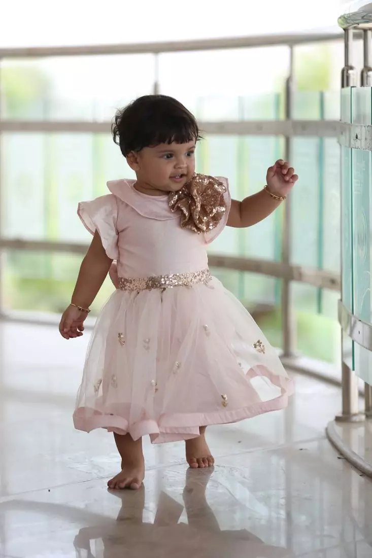 Pink embroidered net kids-frocks