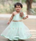 Green embroidered net kids-frocks