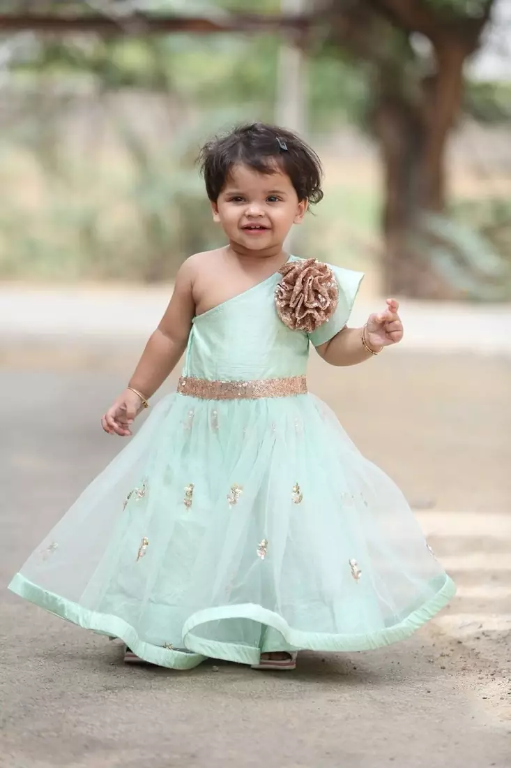 Green embroidered net kids-frocks