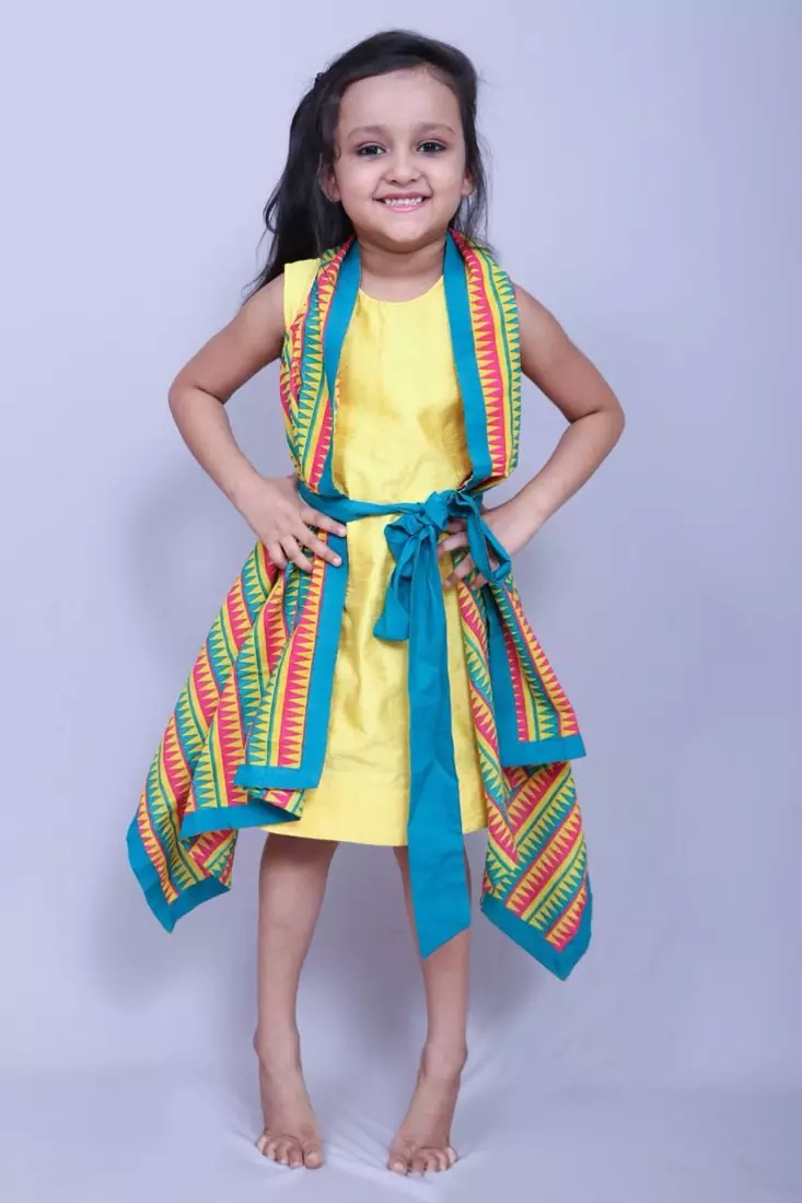 Yellow printed art silk kids-frocks