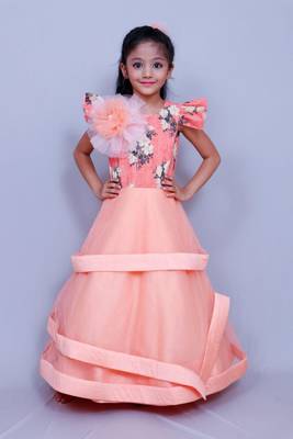 Pink printed net kids-girl-gowns 1